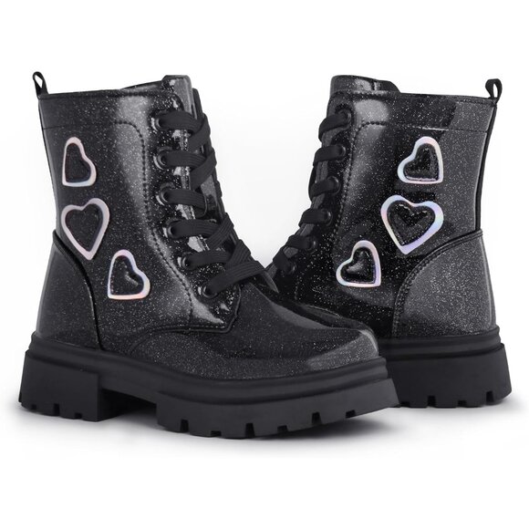 Girl's Black Fashion Shiny Rubber Combat Kids Slip-on Lightweight Ankle Boots - Picture 6 of 6